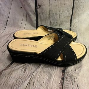 Colin Stuart Women’s Black Leather Strappy Slip On Wedge Platform Sandals Sz 7.5